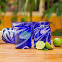 Load image into Gallery viewer, 6 Hand Blown Blue-White 11 oz Rock Glasses from Mexico - Whirling Cobalt | NOVICA
