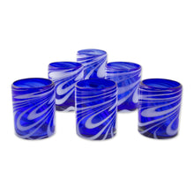 Load image into Gallery viewer, 6 Hand Blown Blue-White 11 oz Rock Glasses from Mexico - Whirling Cobalt | NOVICA
