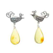 Load image into Gallery viewer, Sterling Silver Bird Earrings with Amber Droplets - Flirty Birds | NOVICA
