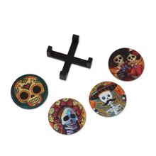 Load image into Gallery viewer, Day of the Dead Theme on Mexican Decoupage Set of 4 Coasters - Festive Catrina | NOVICA
