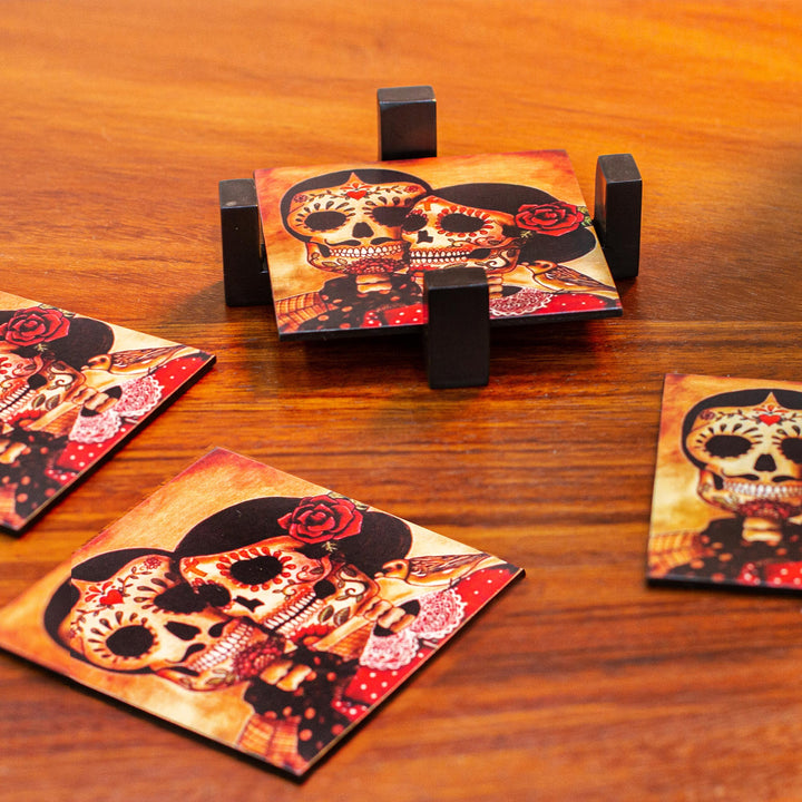 Set of 4 Decoupage Coasters with Day of the Dead Theme - Day of the Dead Romance | NOVICA