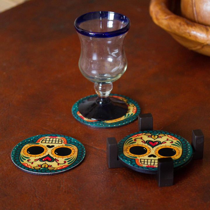 4 Day of the Dead Smiling Skulls Decoupage Wood Coaster Set - Loving Skull | NOVICA