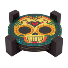 Load image into Gallery viewer, 4 Day of the Dead Smiling Skulls Decoupage Wood Coaster Set - Loving Skull | NOVICA
