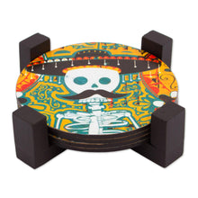 Load image into Gallery viewer, Day of the Dead Decoupage Pinewood Coasters from Mexico - Mustachioed Skull | NOVICA
