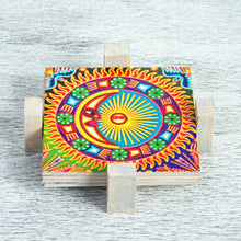 Load image into Gallery viewer, Four Decoupage Pinewood Mexican Sun and Moon Motif Coasters - Huichol Sun and Moon | NOVICA
