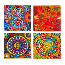 Load image into Gallery viewer, Four Decoupage Pinewood Mexican Sun and Moon Motif Coasters - Huichol Sun and Moon | NOVICA
