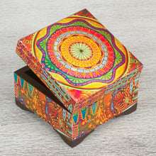 Load image into Gallery viewer, Petite Pinewood Decoupage Box with Huichol Icons - Huichol Mandala | NOVICA
