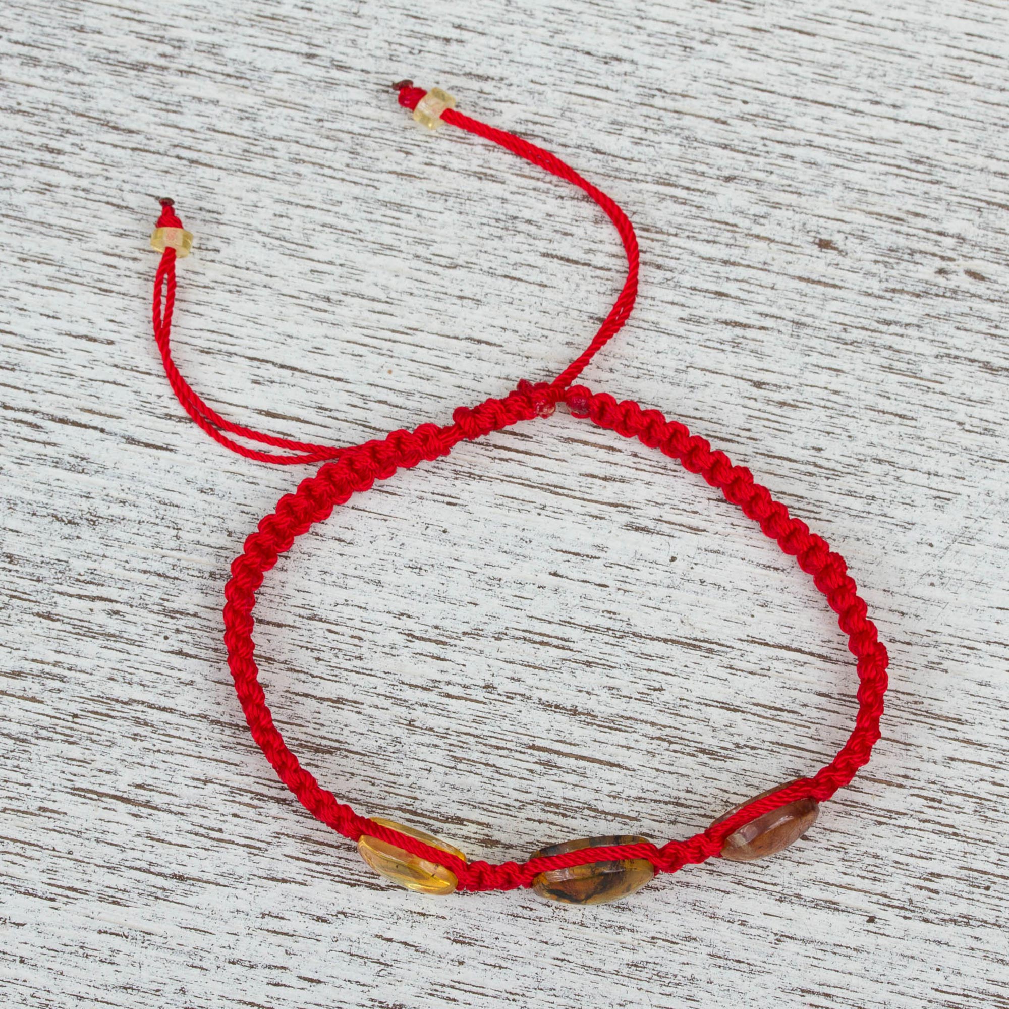 Red Nylon Braided Bracelet with Amber Beads from Mexico - Amber Passion
