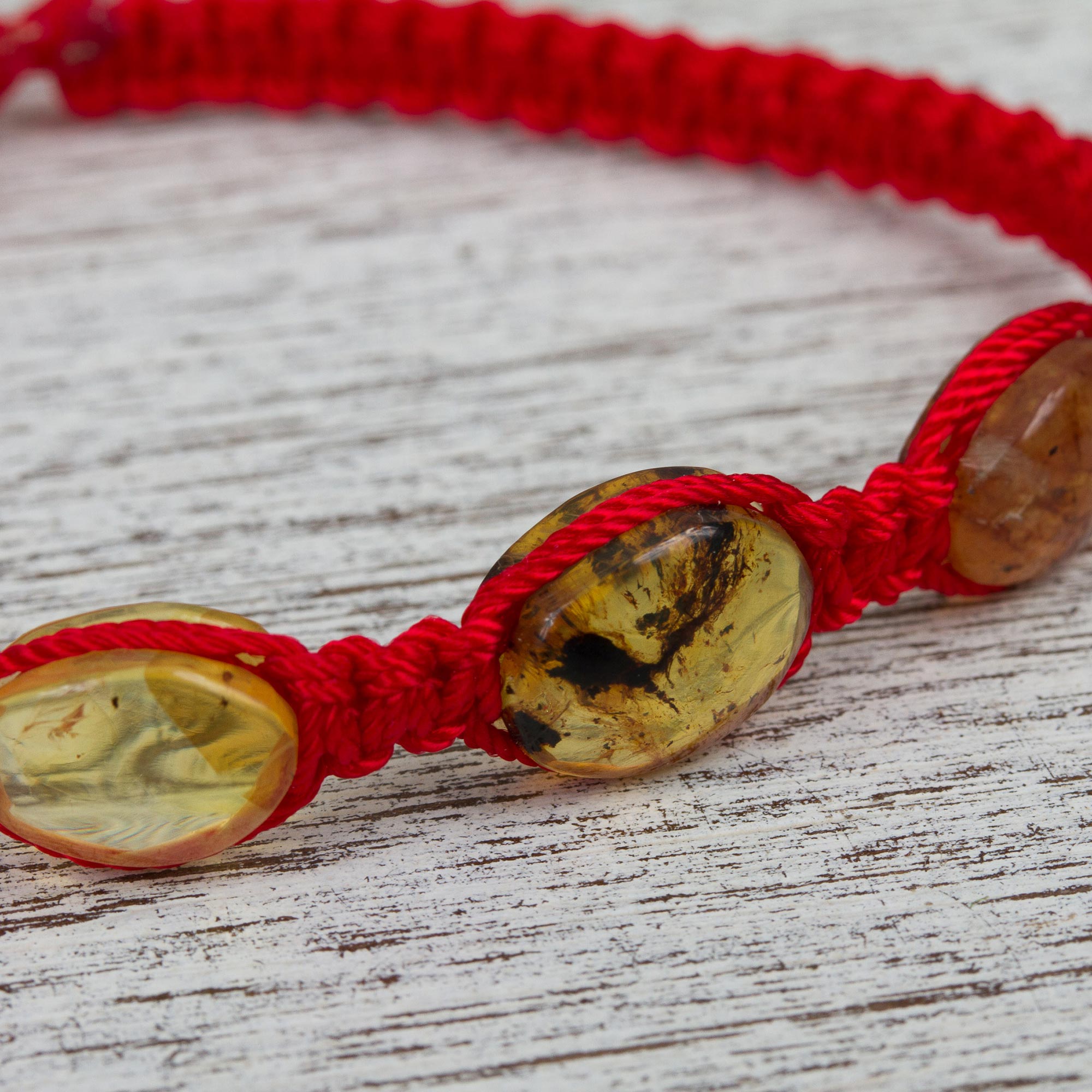 Red Nylon Braided Bracelet with Amber Beads from Mexico - Amber Passion