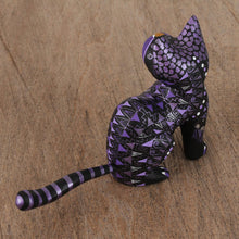 Load image into Gallery viewer, Black Alebrije Cat Silver and Purple Hand Painted Motifs - Sophisticated Cat | NOVICA
