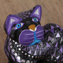 Load image into Gallery viewer, Black Alebrije Cat Silver and Purple Hand Painted Motifs - Sophisticated Cat | NOVICA
