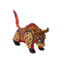 Load image into Gallery viewer, Orange Alebrije Bull with Multicolor Hand Painted Motifs - Sun Force | NOVICA
