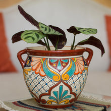 Load image into Gallery viewer, Talavera Style Russet Rim Floral Ceramic Flowerpot Urn - Sunlit Stroll | NOVICA
