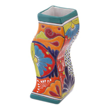 Load image into Gallery viewer, Wavy Talavera-Style Ceramic Floral Vase from Mexico - Wavy Talavera | NOVICA
