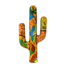 Load image into Gallery viewer, Hand-Painted Cactus Talavera-Style Ceramic Wall Sculpture - Talavera Saguaro | NOVICA
