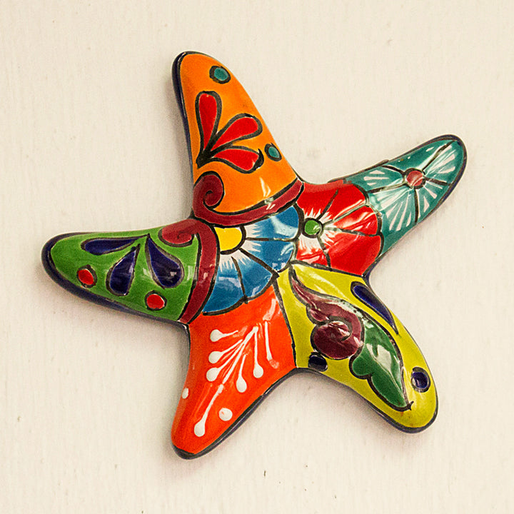Talavera-Style Ceramic Starfish Wall Sculpture from Mexico - Hacienda Starfish | NOVICA