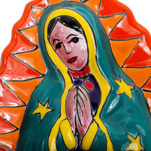 Load image into Gallery viewer, Talavera-Style Ceramic Wall Sculpture of the Virgin Mary - Talavera Guadalupe in Orange | NOVICA
