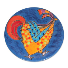 Load image into Gallery viewer, Handcrafted Yellow Rooster on Blue Ceramic Decorative Plate - Yellow Rooster | NOVICA

