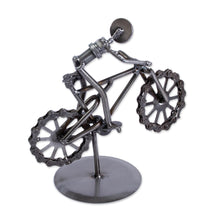 Load image into Gallery viewer, Bicycle-Themed Recycled Metal Auto Part Sculpture - Boy on a Bike | NOVICA
