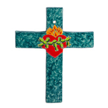 Load image into Gallery viewer, Signed Colorful Ceramic Wall Cross from Mexico - Heart of Faith | NOVICA
