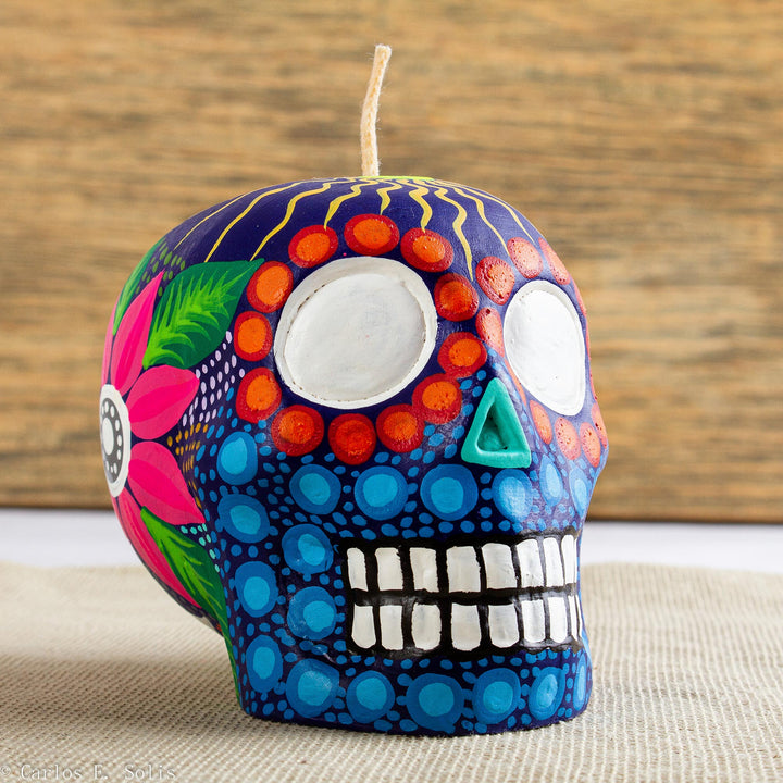 Hand Painted Mexican Day of the Dead Purple Skull Candle - Colorful Purple Skull | NOVICA