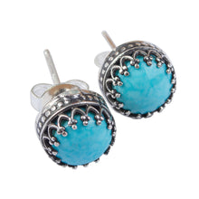 Load image into Gallery viewer, Natural Turquoise and Taxco Silver Stud Earrings - Elegant Fretwork | NOVICA
