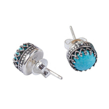 Load image into Gallery viewer, Natural Turquoise and Taxco Silver Stud Earrings - Elegant Fretwork | NOVICA
