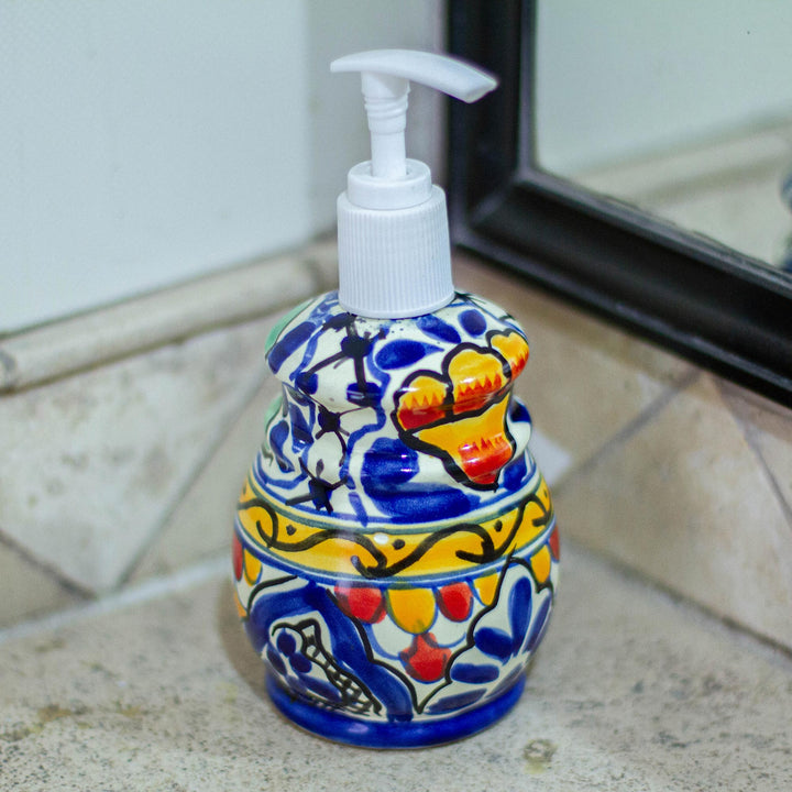 Artisan Crafted Ceramic Floral Soap Dispenser - Cobalt Flowers | NOVICA