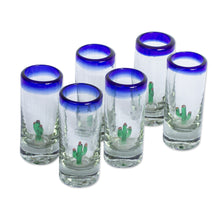 Load image into Gallery viewer, Hand Blown Tequila Glasses with Cactus Set of 6 - Bottoms Up | NOVICA
