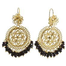 Load image into Gallery viewer, Gold Plated Chandelier Earrings with Black Crystal - Valley Flower in Black | NOVICA
