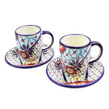 Load image into Gallery viewer, Talavera-Style Cups and Saucers (Pair) - Colors of Mexico | NOVICA
