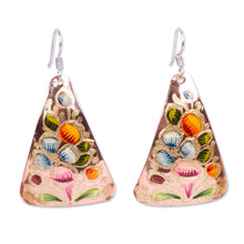 Load image into Gallery viewer, Hand Painted Copper Triangular Dangle Earrings from Mexico - Floral Pyramid | NOVICA
