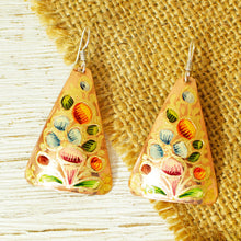 Load image into Gallery viewer, Hand Painted Copper Triangular Dangle Earrings from Mexico - Floral Pyramid | NOVICA
