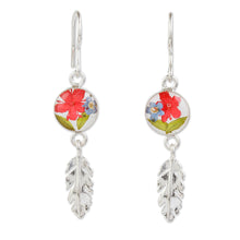 Load image into Gallery viewer, Sterling Silver and Dried Flower Dangle Earrings from Mexico - Anahuac Red | NOVICA
