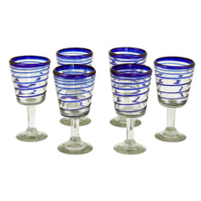 Load image into Gallery viewer, Handblown Recycled Glass Six Striped Blue Wine Glasses - Cobalt Spirals | NOVICA
