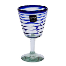 Load image into Gallery viewer, Handblown Recycled Glass Six Striped Blue Wine Glasses - Cobalt Spirals | NOVICA
