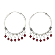 Load image into Gallery viewer, Sterling Silver Beaded Hoop Earrings from Thailand - Classic Red | NOVICA
