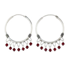 Load image into Gallery viewer, Sterling Silver Beaded Hoop Earrings from Thailand - Classic Red | NOVICA
