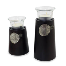 Load image into Gallery viewer, Wood and pewter candleholders (Pair) - Lotus Light | NOVICA
