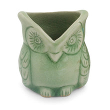 Load image into Gallery viewer, Handcrafted Green Thai Celadon Bird Theme Pot - Happy Green Owl | NOVICA
