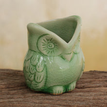 Load image into Gallery viewer, Handcrafted Green Thai Celadon Bird Theme Pot - Happy Green Owl | NOVICA

