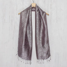 Load image into Gallery viewer, Two-tone Floral Pattern Hand Woven Scarf from Thailand - Grey Purple Bouquet | NOVICA
