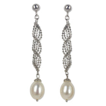 Load image into Gallery viewer, Artisan Designed Sterling Silver Dangle Earrings with Pearls - Modern Macrame | NOVICA
