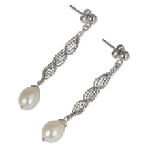 Load image into Gallery viewer, Artisan Designed Sterling Silver Dangle Earrings with Pearls - Modern Macrame | NOVICA
