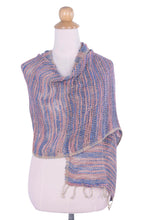 Load image into Gallery viewer, Blue Pink and Brown Hand Woven Cotton Shawl Thai Wrap - Breeze of Blue Pink | NOVICA
