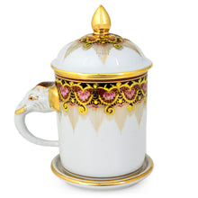 Load image into Gallery viewer, Benjarong White Elephant Coffee Mug and Lid with Gold Paint - Thai Iyara | NOVICA
