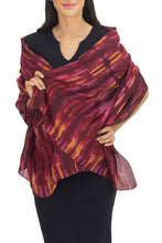 Load image into Gallery viewer, Hand Woven Red Pink and Yellow Tie Dyed Silk Shawl - Mekong River | NOVICA
