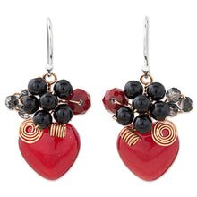 Load image into Gallery viewer, Heart Shaped Red Quartz Onyx and Glass Bead Dangle Earrings - Love Garden in Red | NOVICA
