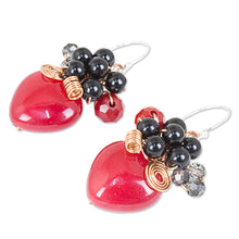 Load image into Gallery viewer, Heart Shaped Red Quartz Onyx and Glass Bead Dangle Earrings - Love Garden in Red | NOVICA
