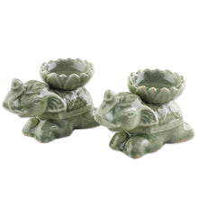 Load image into Gallery viewer, Green Ceramic Elephant Incense Holders (Pair) - Polite Elephants | NOVICA
